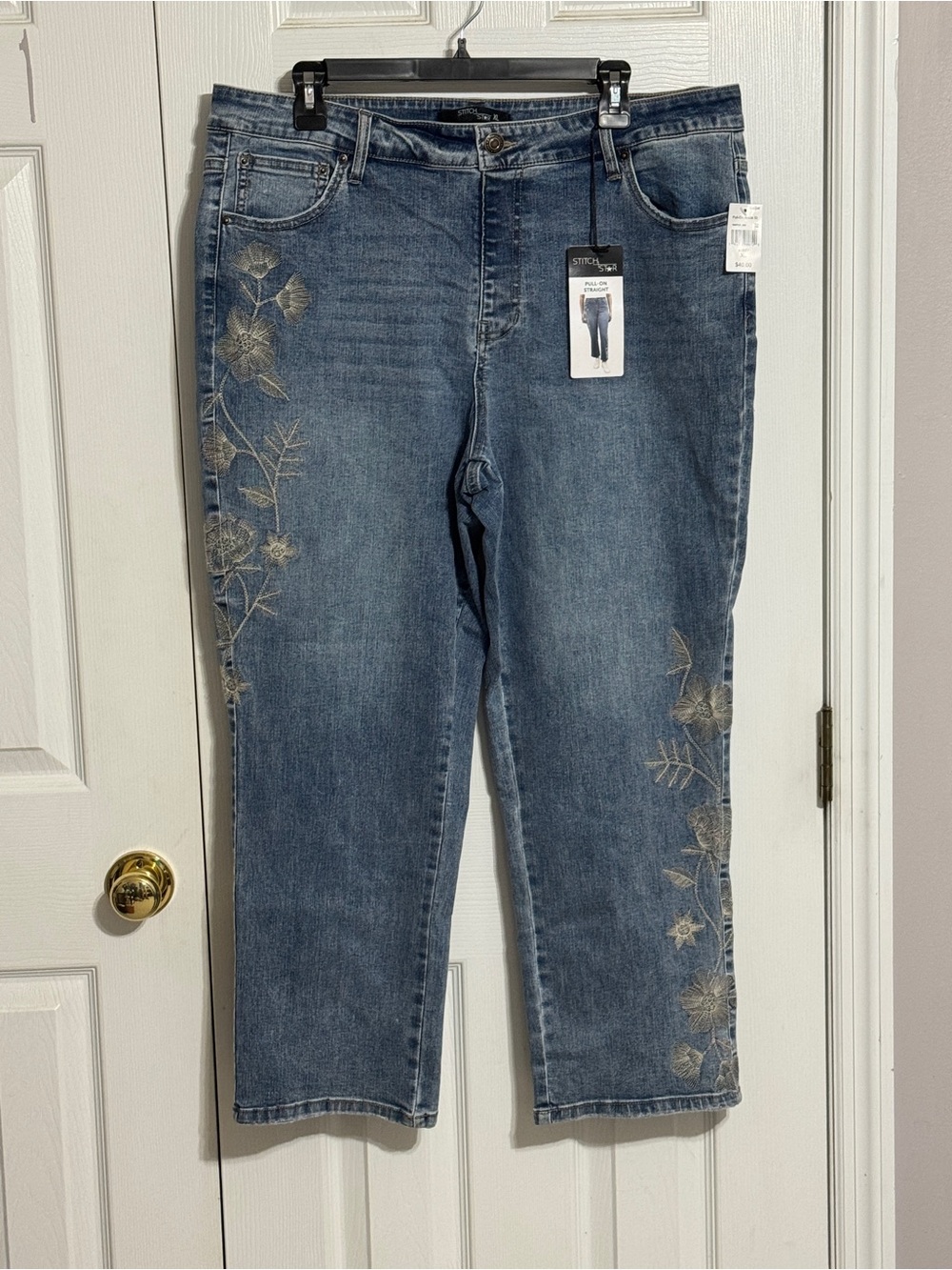 Stitch Star Straight Leg Women's Jeans with Cream Floral Embroidery - Blue